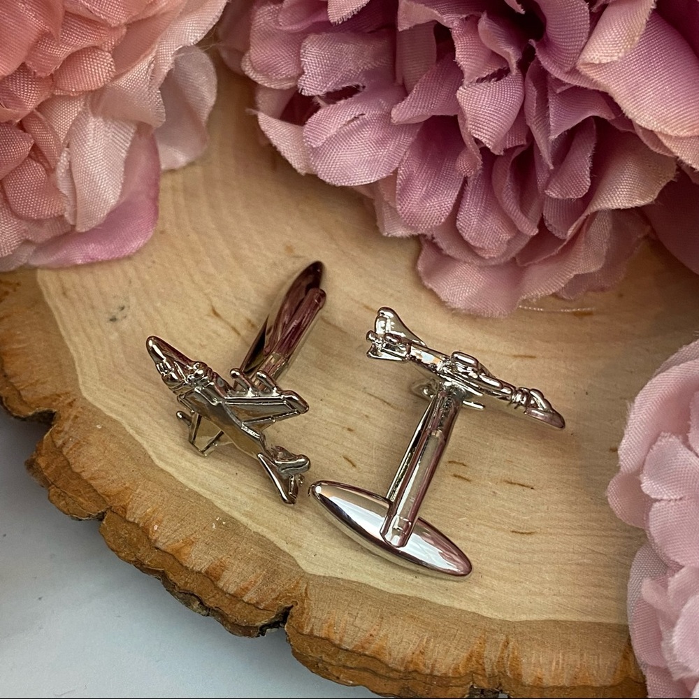 Silver Military Fighter Jet Airplane Cufflinks - Picture 11 of 15
